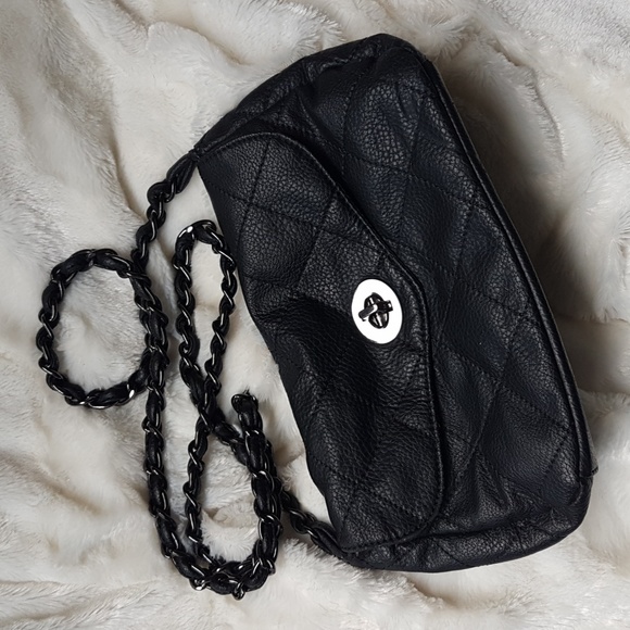 Crossbody Black Quilted Purse w/ metal clasp & vegan leather chain strap | Small - Picture 1 of 16